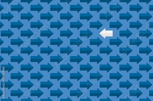 Think differently concept. Blue arrow changing direction. New idea, change, trend, courage, creative solution, innovation and unique way concept.	
