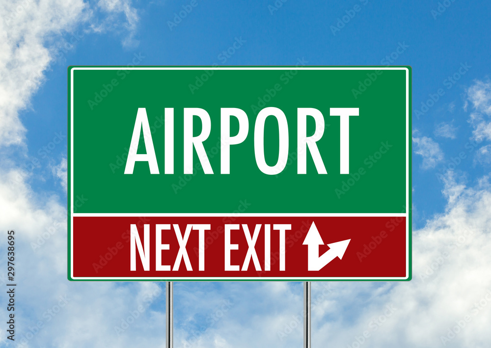 Next exit for airport green road sign over blue sky background. Concept road sign collection. Next exit for airport green road sign over blue sky background. Concept road sign collection.