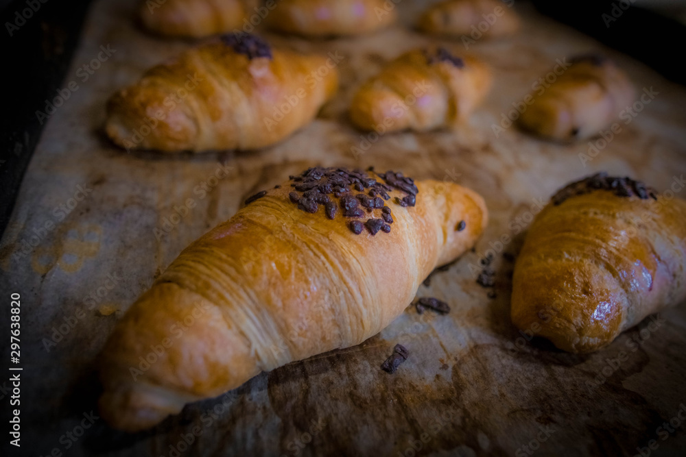 Chocolate croissants just baked in a bakery