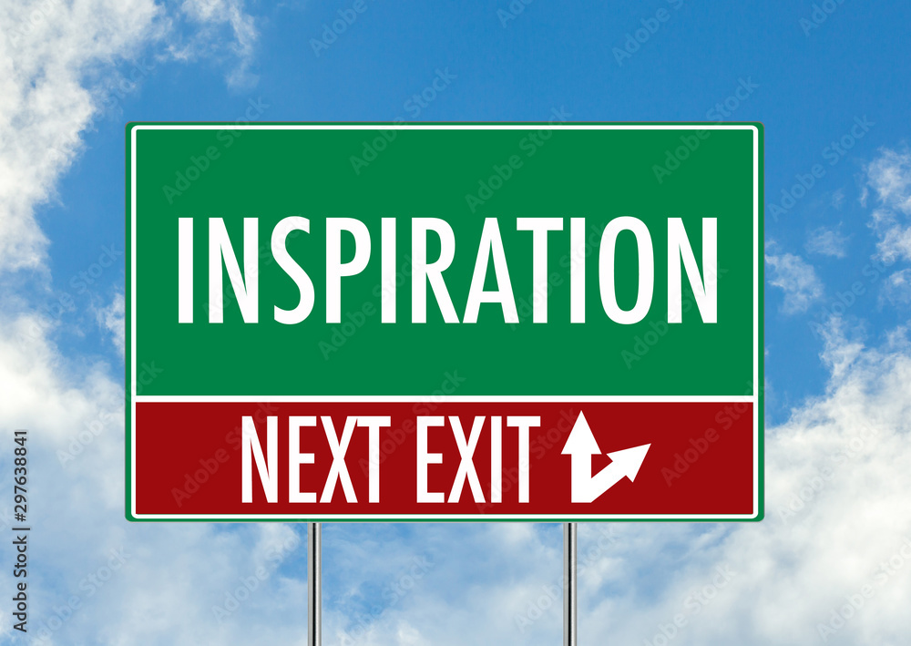 Next exit for inspiration green road sign over blue sky background. Concept road sign collection. Next exit for inspiration green road sign over blue sky background. Concept road sign collection.