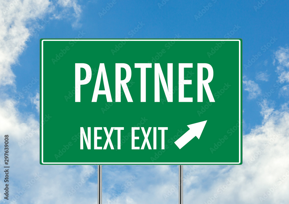 Next exit for new partner green road sign over blue sky background. Concept road sign collection. Next exit for new partner green road sign over blue sky background. Concept road sign collection.