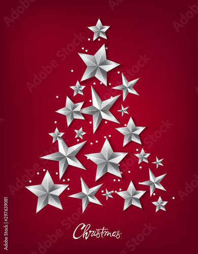 Christmas tree made from silver stars and white dots. Red background vector