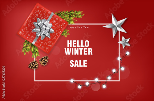 Merry christmas sale banner with silver ribbon gift box, fairy lights, conife...