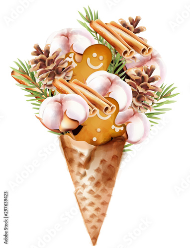 Christmas ice cream filled with gingerbread cookies, cinnamon, conifer cone, cotton and fir leaves wrapped in waffle. Vector