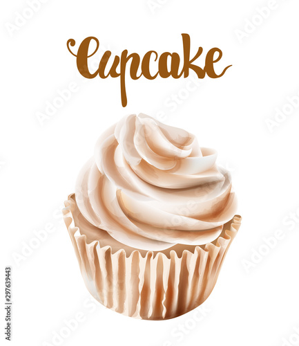 Beige walnut cupcakes with whipped cream. Watercolor vector