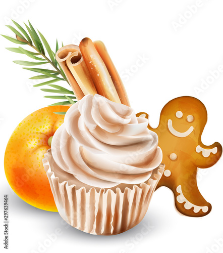 Gingerbread cookies, walnut beige cupcake, cinnamon stick, fir leaves and orange. Christmas watercolor vector
