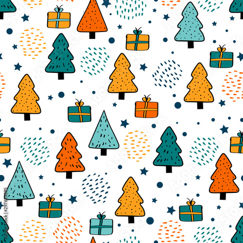 Vector colorful seamless pattern with christmas trees  snowflakes  fireworks and gift boxes