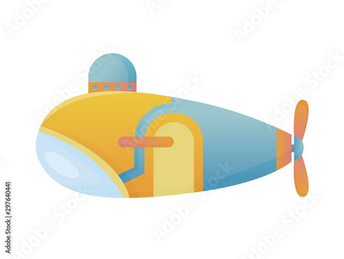 Yellow and blue submarine undersea cartoon style bathyscaphe underwater ship, diving exploring at the bottom of sea flat vector design.
