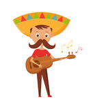 Mexican boy with mustache and sombrero playing the guitar, mexican greeting card holiday, vector illustration.