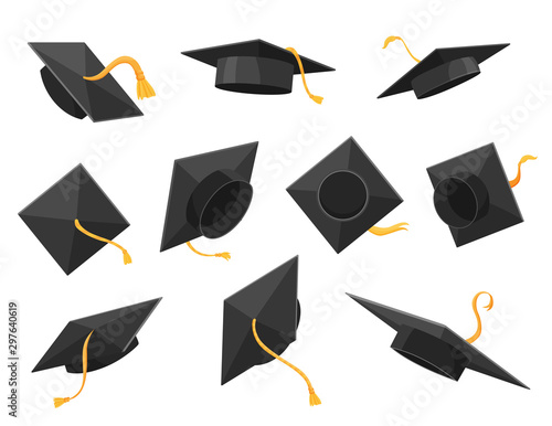Graduation cap or hat vector illustration in the flat style. Academic caps set. Graduation cap isolated on the background.