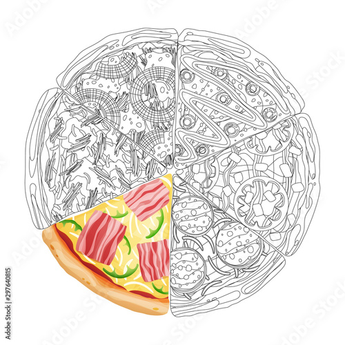 Pizza from different slices top view isolated on white photo-realistic and coloring vector illustration.