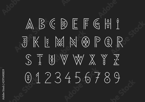 Linear geometric uppercase font decorated with thin lines.