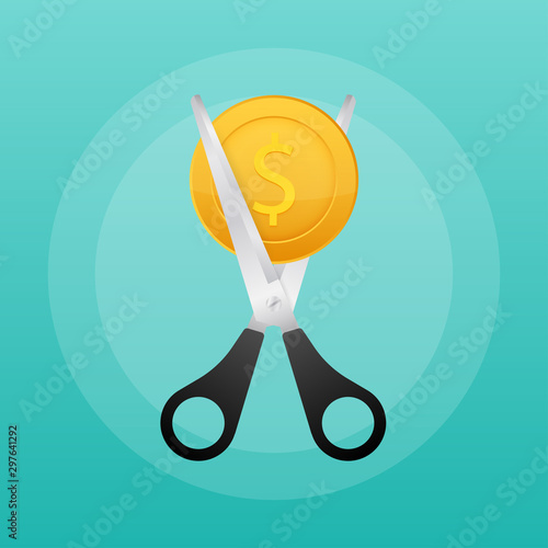Scissors cutting money bill in flat style. Price, cost reduction or cut price. Vector stock illustration.
