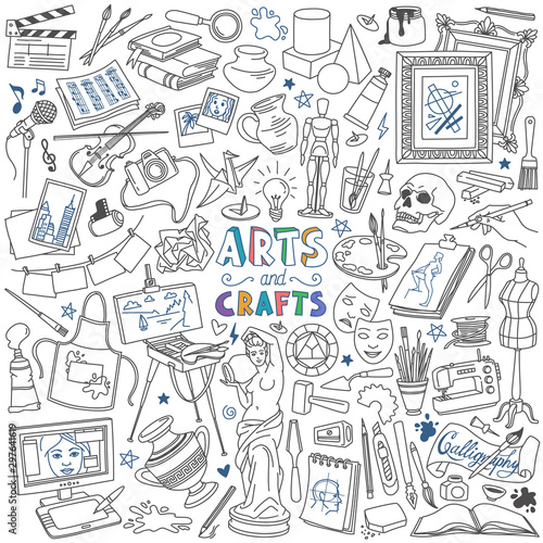 Arts and crafts doodles set. Drawing, painting, sculpting, photography, music and design supplies and tools.