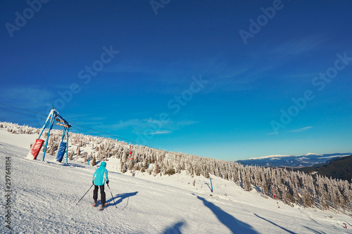 Skiing area in Ukrainian Carpathian in the morning light. Beautiful winter landscape. Nature and sport.