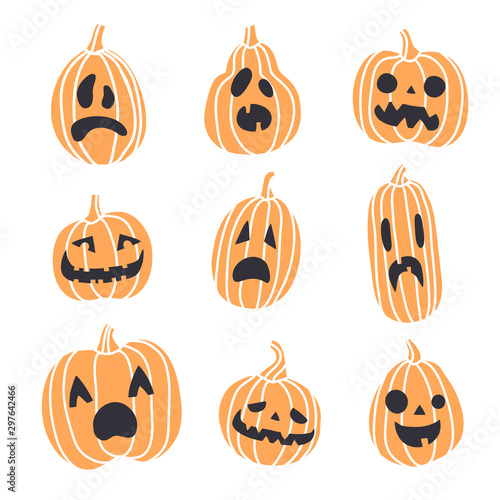 Set of spooky Halloween pumpkin faces. Different emotions