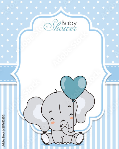 Baby shower invitation. Cute elephant with balloon. Space for text