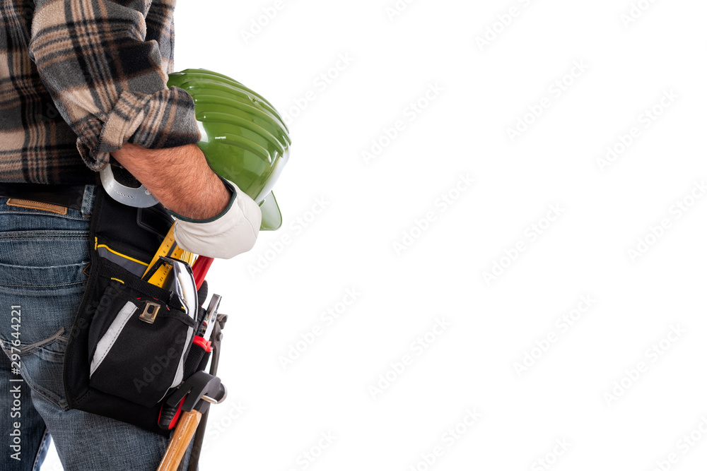 Adult craftsman carpenter isolated on white background, he wears leather work gloves and holds a protective helmet. Work tools industry construction and do it yourself housework. Stock photography.