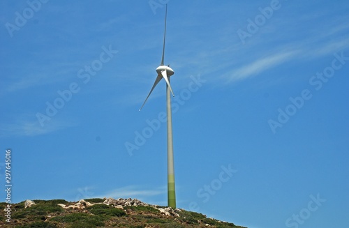 A wind turbine on the Greek island of Tilos. The island aims to become self sufficient in power using wind and solar technology.