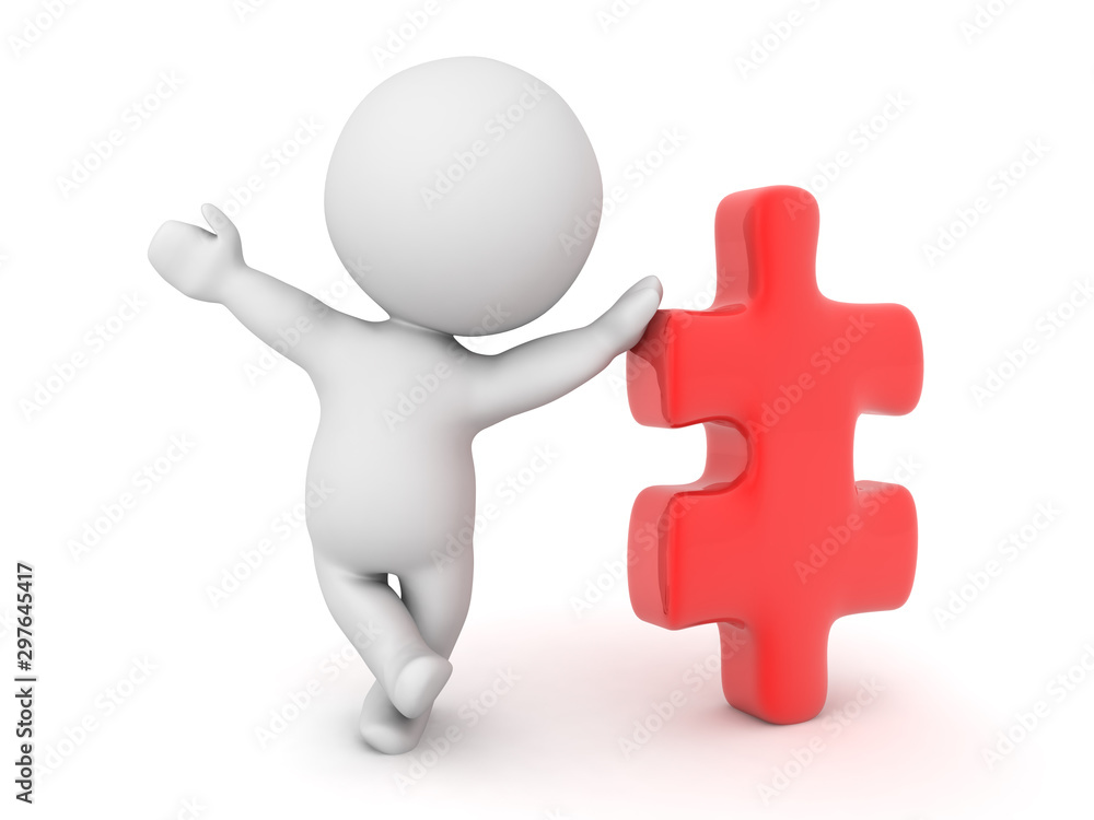 3D Character leaning on big red puzzle piece 3D Character leaning on big red puzzle piece