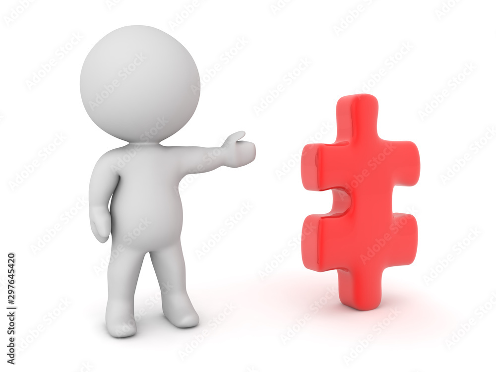 3D Character showing big red puzzle piece 3D Character showing big red puzzle piece