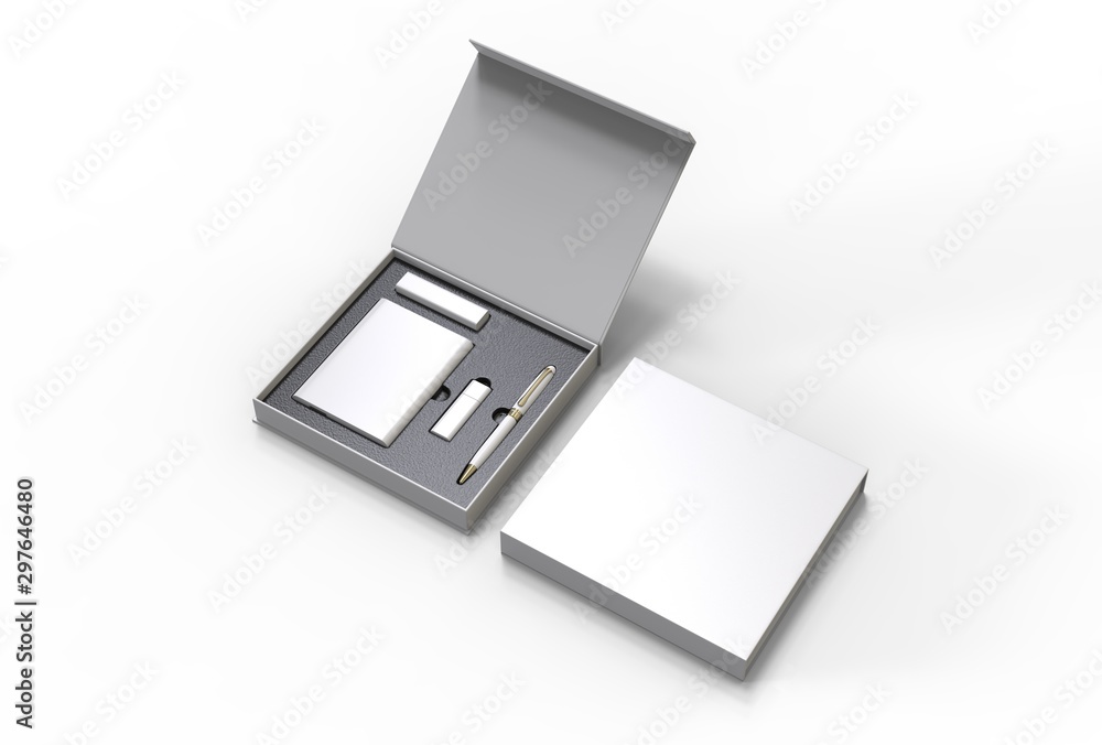 Tech gift set paper hard box for branding. 3d render illustration. Tech gift set paper hard box for branding. 3d render illustration.