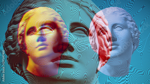 Contemporary art concept collage with antique statue head in a surreal style. Modern unusual art. Glitch effect, textured.