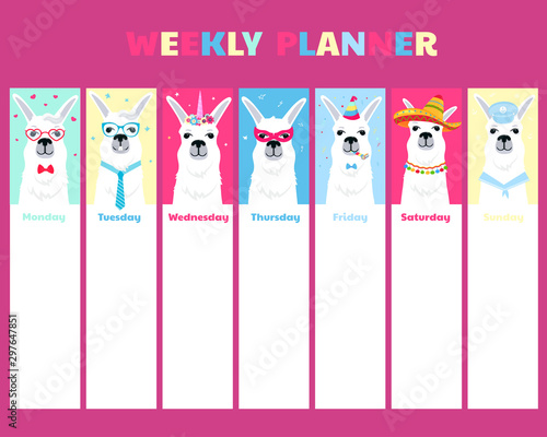 Weekly Planner Template. Funny llama cartoon character