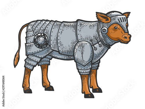 Calf bull in knight armor sketch engraving vector illustration. T-shirt apparel print design. Scratch board style imitation. Black and white hand drawn image.