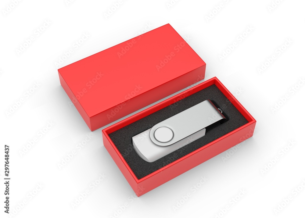 Blank pen drive with paper box packaging for promotional branding. 3d render illustration. Blank pen drive with paper box packaging for promotional branding. 3d render illustration.