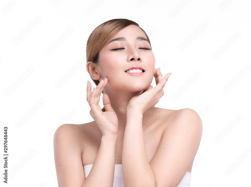 Beauty Young asian woman with perfect facial skin. Gestures for advertisement treatment spa and cosmetology.