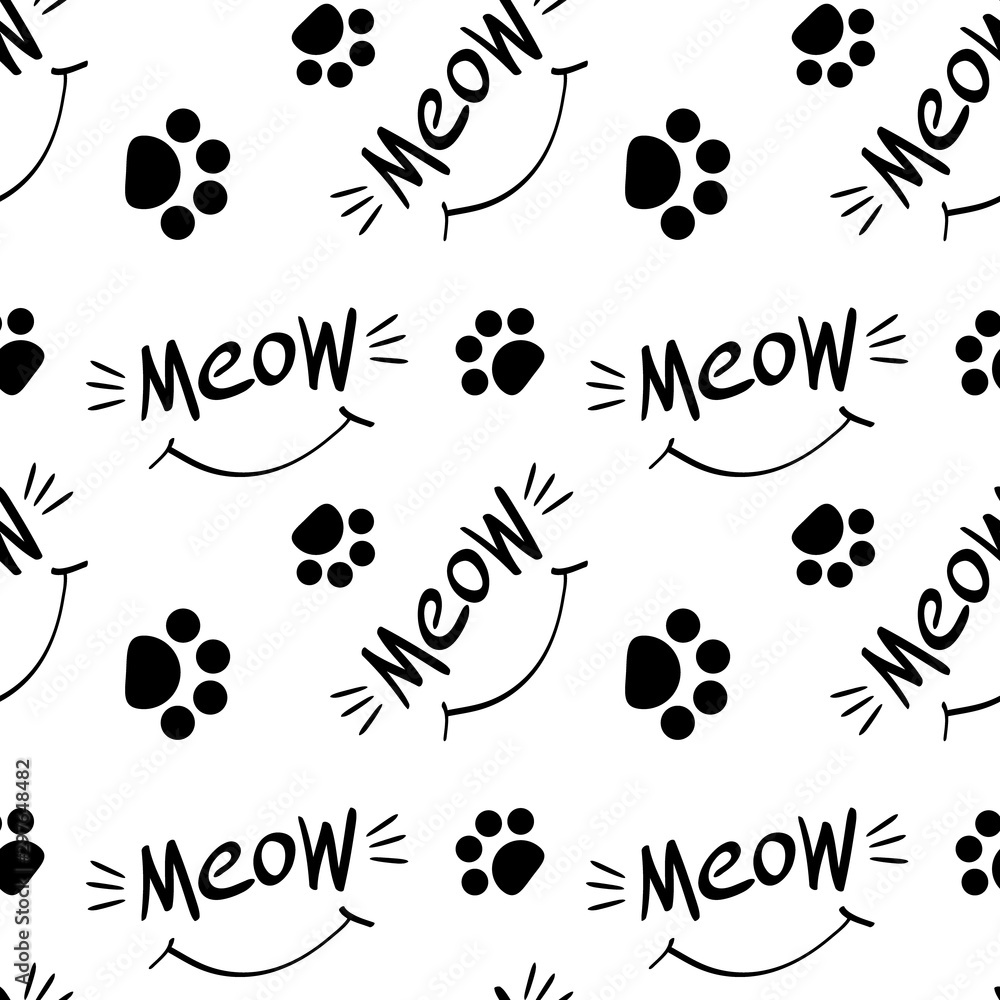 Fototapeta premium Seamless pattern with meow lettering, whiskers, smile and cat paw prints. Black hand drawings on white background. Vector illustration.