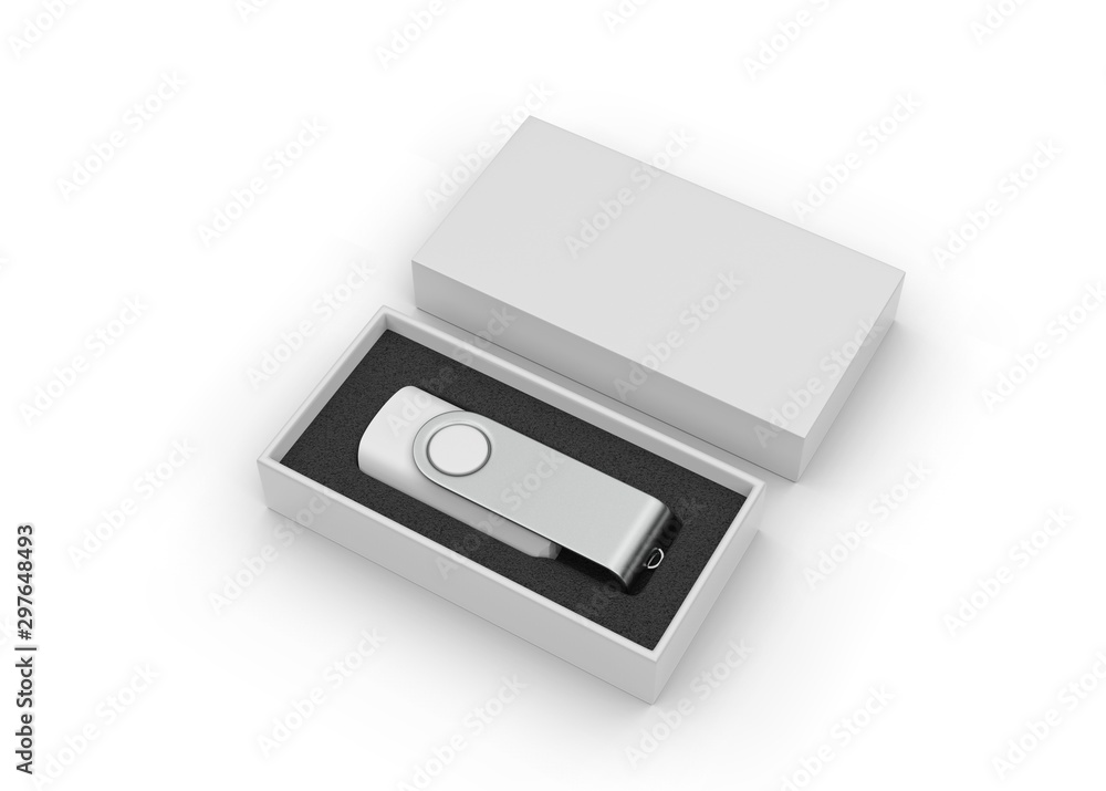 Obraz premium Blank pen drive with paper box packaging for promotional branding. 3d render illustration.