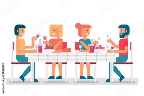 happy family having meal or dinner together, Thanksgiving celebration isolated on white background. character cartoon flat vector illustration.