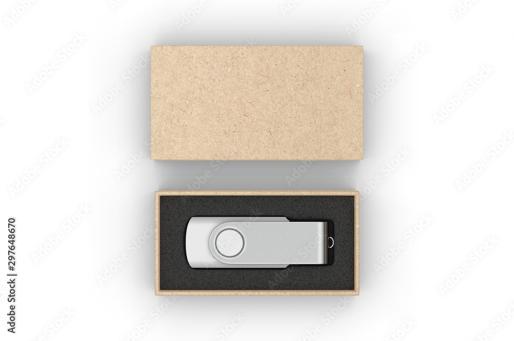 Obraz premium Blank pen drive with paper box packaging for promotional branding. 3d render illustration.
