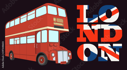 Double decker bus from England. Website, icon, postcards, place for text.
