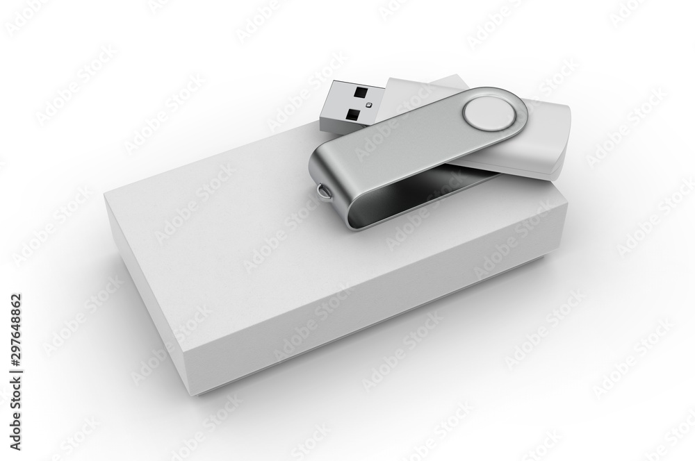 Blank pen drive with paper box packaging for promotional branding. 3d render illustration. Blank pen drive with paper box packaging for promotional branding. 3d render illustration.