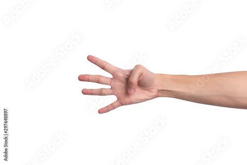 Hand gesture showing number four isolated over the white background. photo