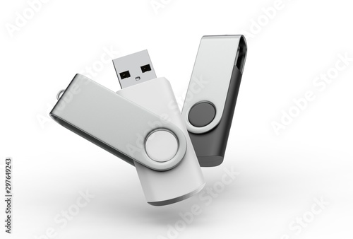 Blank pen drive with paper box packaging for promotional branding. 3d render illustration.