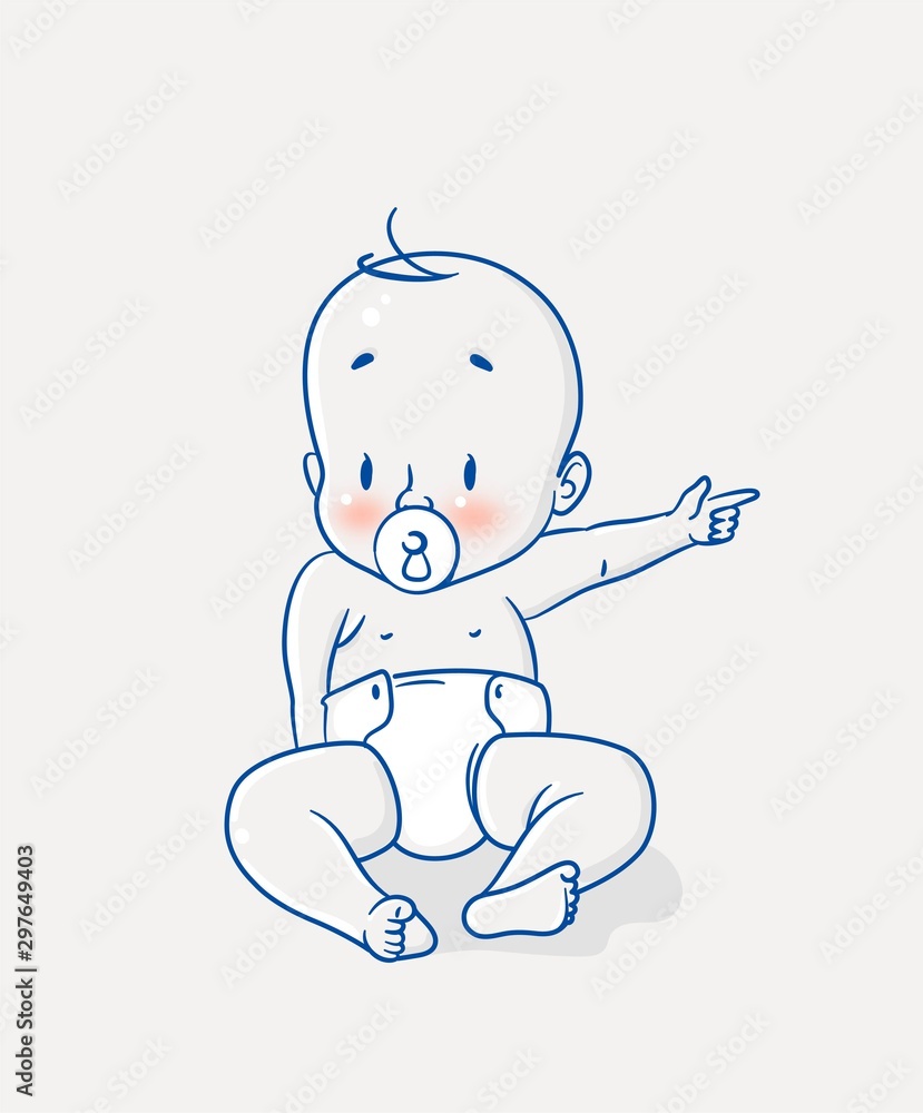 Cute little baby sitting on floor and pointing his finger. Vector illustration Cute little baby sitting on floor and pointing his finger. Vector illustration