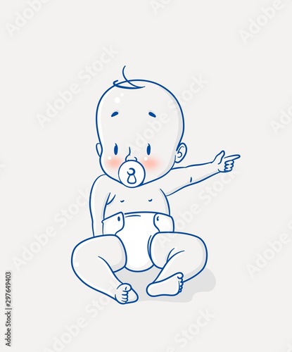 Cute little baby sitting on floor and pointing his finger. Vector illustration