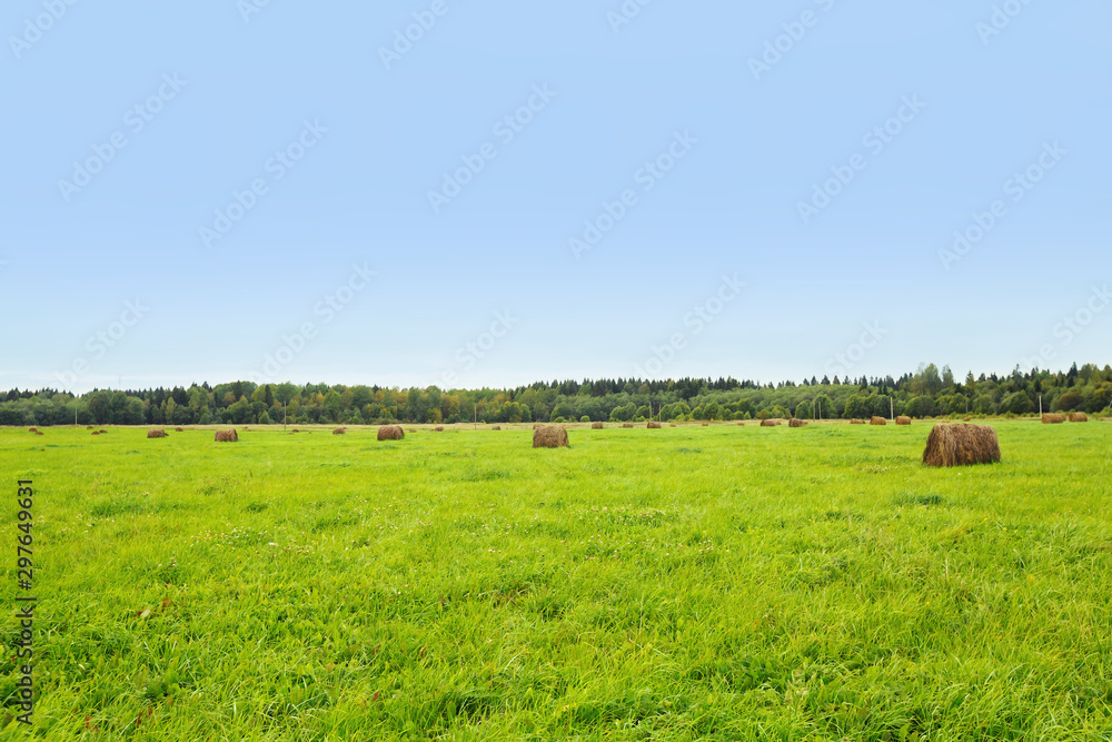 Farm field with haystack at autumn