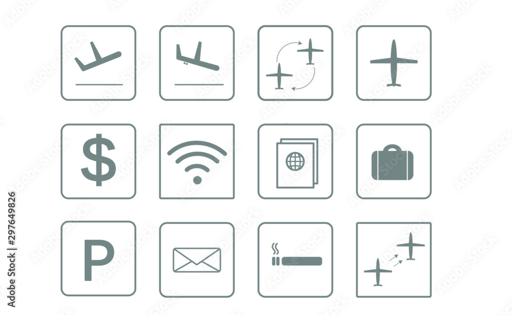 airplane flight vector icons  and buttons - airport minimal style - arrival, departure, transfer and other airport  related vector icons