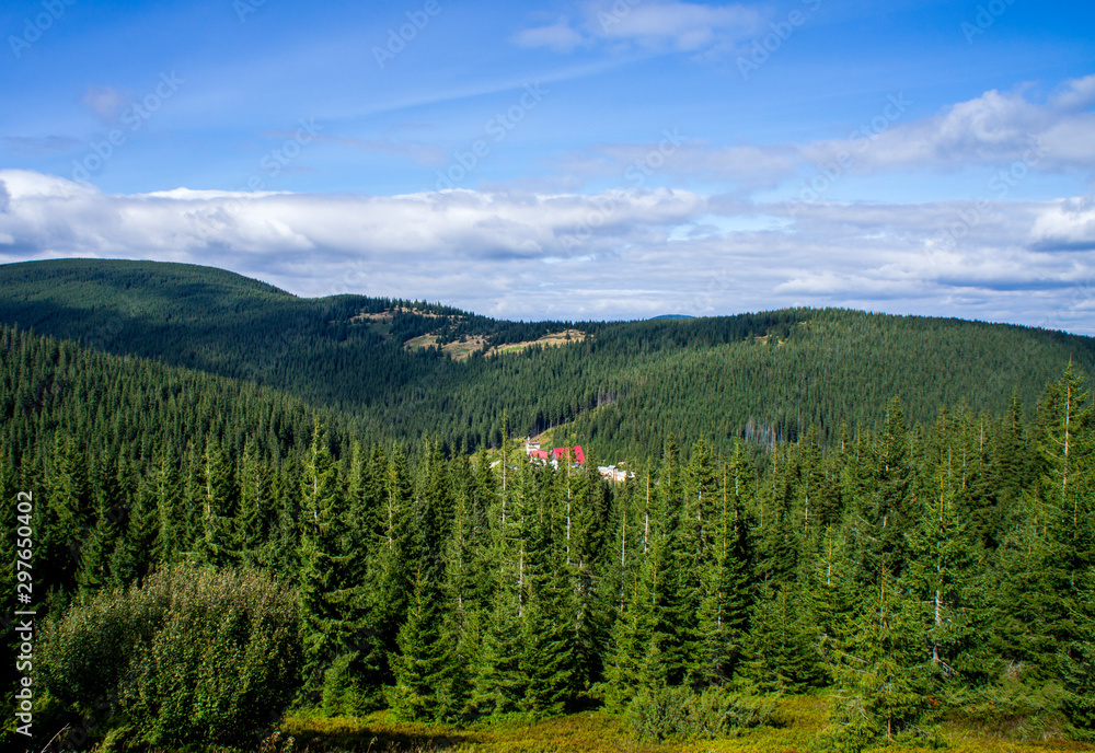 Mountain forest landscape with a red house far.