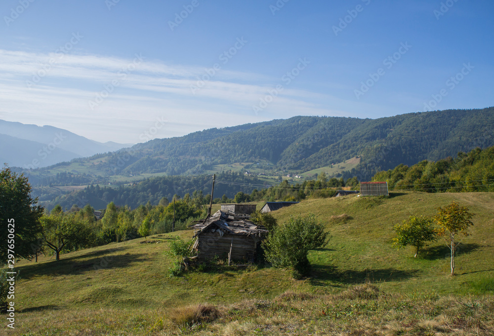 Village houses in the mountains. Rural forest landscape.