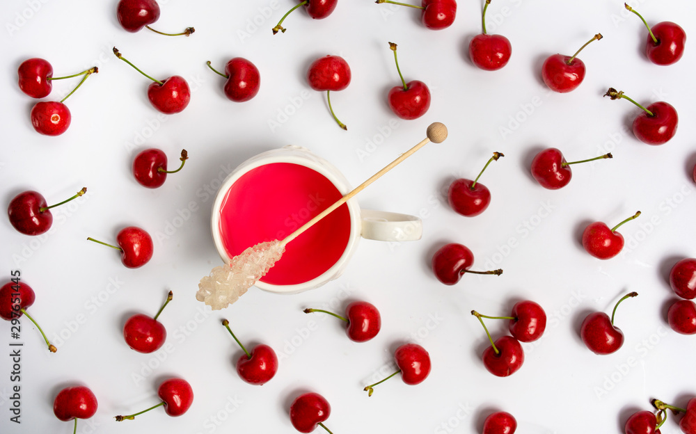 Cherry tea with fruits flat lay Cherry tea with fruits flat lay