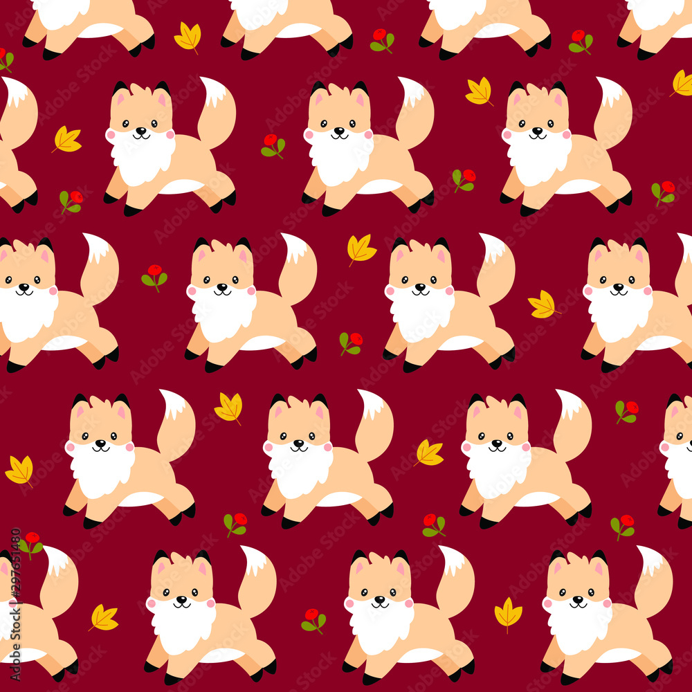 Vector autumn pattern with little kawaii fox on a burgundy background. Elements are located in one direction. Between the shape are autumn leaves and berries.
