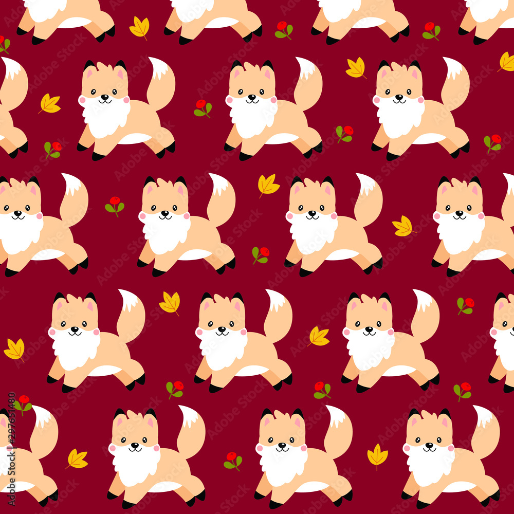 Obraz premium Vector autumn pattern with little kawaii fox on a burgundy background. Elements are located in one direction. Between the shape are autumn leaves and berries.