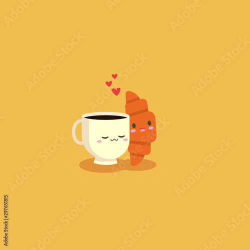 Vector flat illustration with kawaii french breakfast. On cartoon illustration, cute kawaii croissant and coffee mug. They are in love.