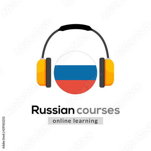 Russian language learning logo icon with headphones. Creative russian class fluent concept speak test and grammar
